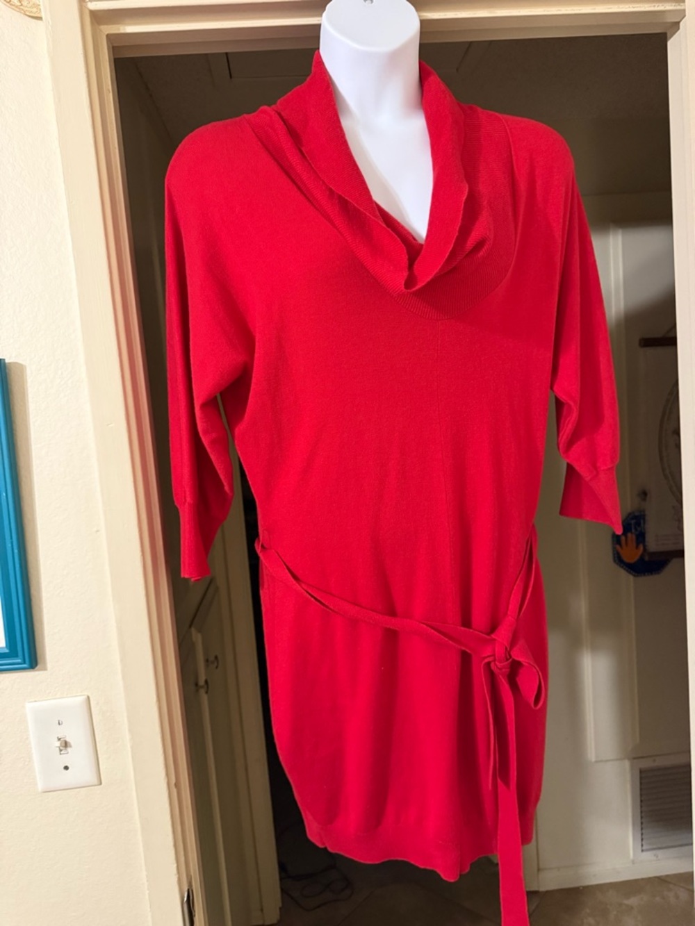 Express Red Cowl-Neck Belted Sweater Tunic